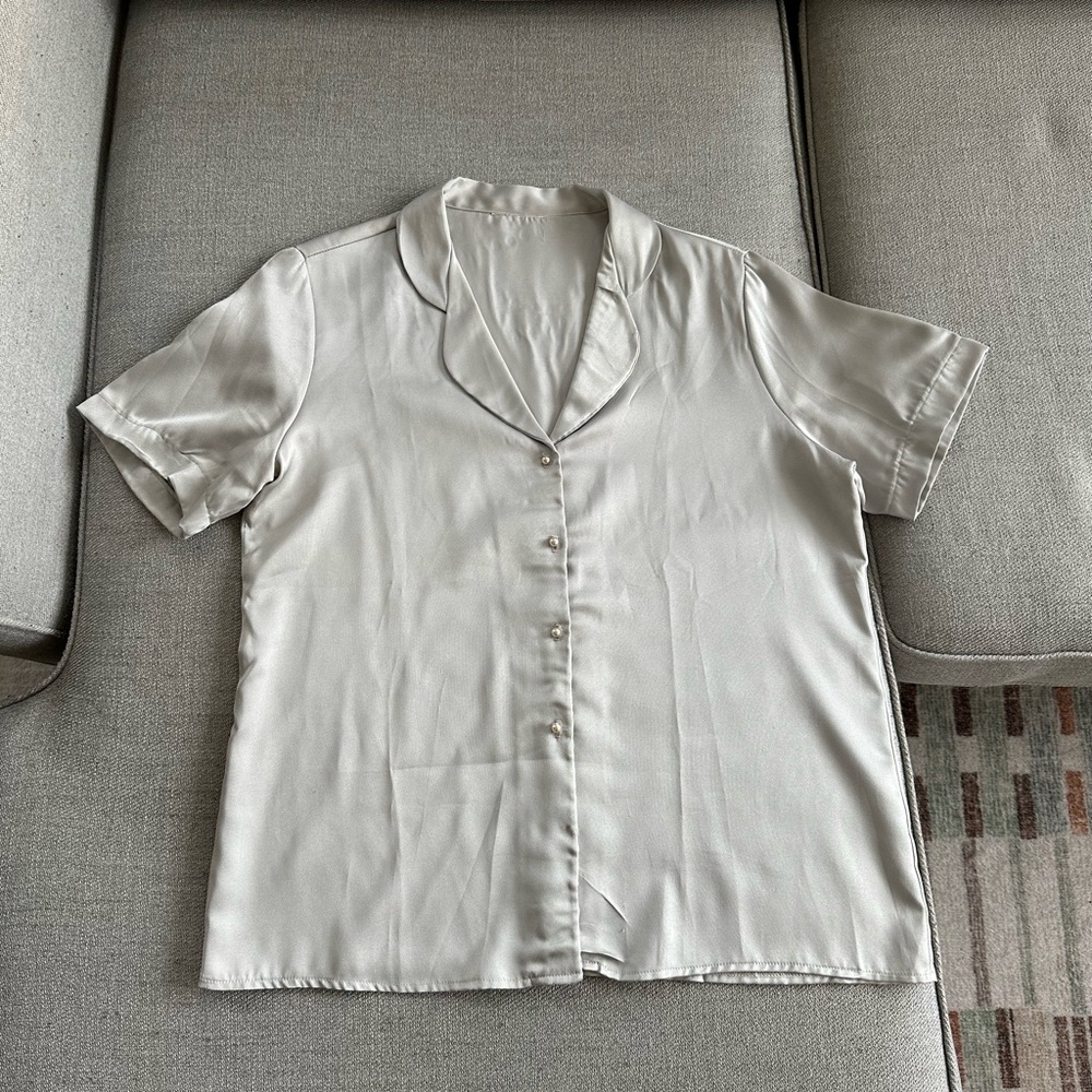 Silver Gray Silk Camp Collar Top